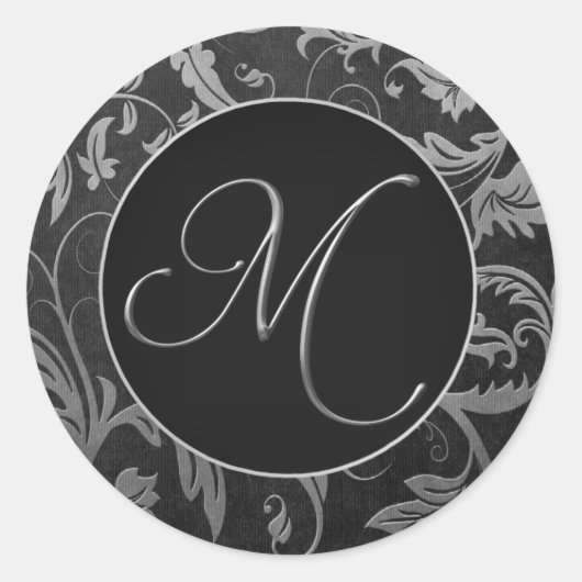 Monogram M Zilver en Zwart Damast Bruiloft Seal Ronde Sticker (Voorkant)