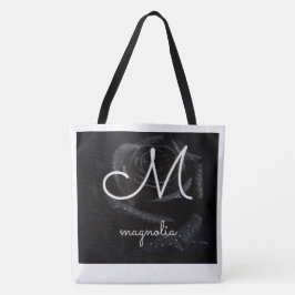 Monogram M Zwarte Roos Magnolia Waterdruppels Bloe Tote Bag