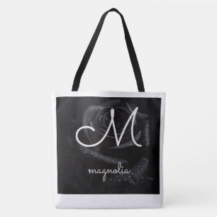 Monogram M Zwarte Roos Magnolia Waterdruppels Bloe Tote Bag