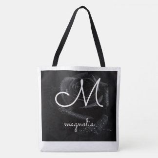 Monogram M Zwarte Roos Magnolia Waterdruppels Bloe Tote Bag