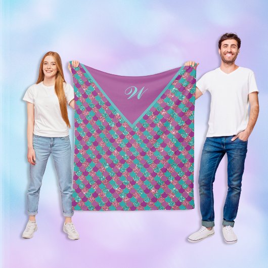 Monogram Magenta Paarse Roze Blauwgroen Zeemeermin Fleece Deken