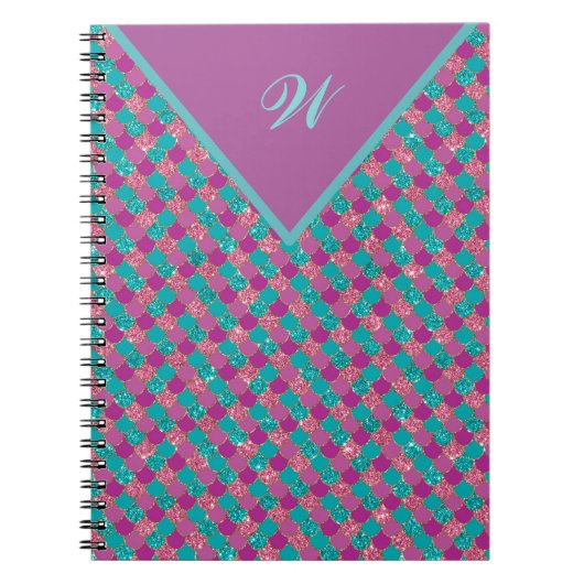 Monogram Magenta Paarse Roze Blauwgroen Zeemeermin Notitieboek (Voorkant)