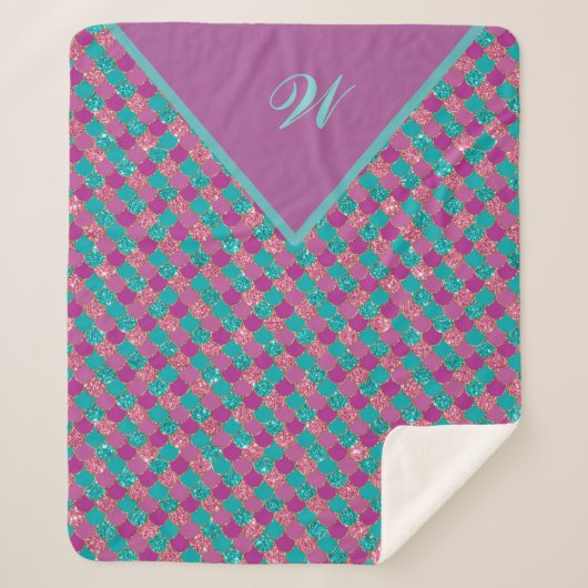 Monogram Magenta Paarse Roze Blauwgroen Zeemeermin Sherpa Deken (Voorkant)