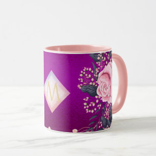 Monogram Magenta Rosegold Pink Metallic Glitter Mok