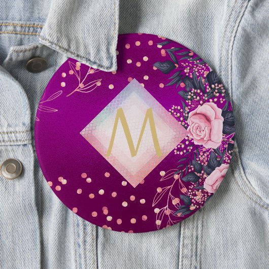 Monogram Magenta Rosegold Pink Metallic Glitter Ronde Button 6,0 Cm (In situ)