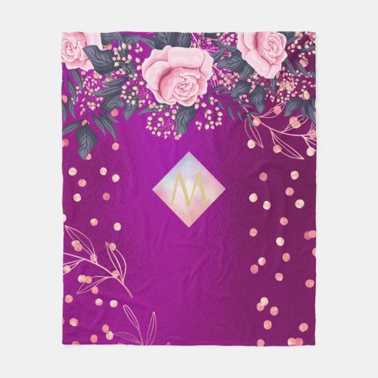 Monogram Magenta Roségoud Roze Metalen Glitters Fleece Deken (Voorkant)