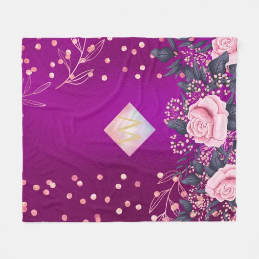 Monogram Magenta Roségoud Roze Metalen Glitters Fleece Deken (Voorkant (Horizontaal))