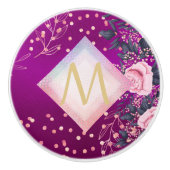 Monogram Magenta Roségoud Roze Metallic Glitter Keramische Knop (Voorkant)