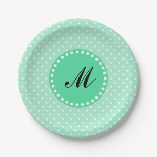 Monogram Magische Mint en Witte Polka Dot Papieren Bordje