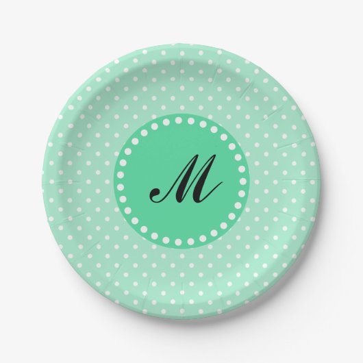 Monogram Magische Mint en Witte Polka Dot Papieren Bordje (Voorkant)