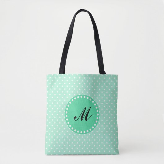 Monogram Magische Mint en Witte Polka Dot Tote Bag (Voorkant)