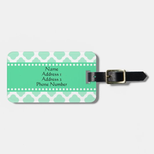 Monogram Magische Munt en Wit Patroon Quatrefoil Bagagelabel (Voorkant horizontaal)