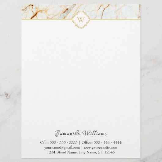 Monogram Marble Elegant White Gold Letterhead Briefhoofd (Voorkant)