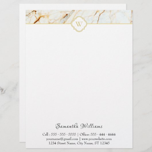 Monogram Marble Elegant White Gold Letterhead Briefhoofd (Voorkant / Achterkant)