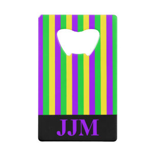 Monogram Mardi Gras Groen, Geel, Paars Gestreepte Creditkaart Flessenopener