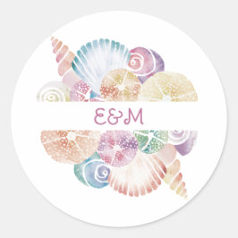 Monogram Marien Waterverf Schelpen Trouwlogo Ronde Sticker
