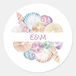 Monogram Marien Waterverf Schelpen Trouwlogo Ronde Sticker
