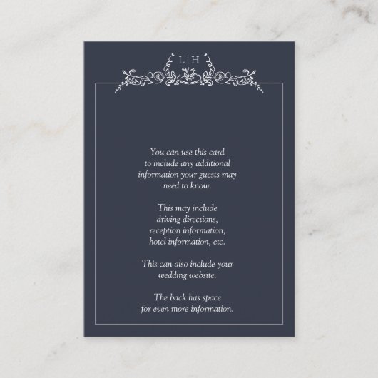 Monogram Marine Blauw Bloemen Border Wedding Detai Informatiekaartje (Voorkant)