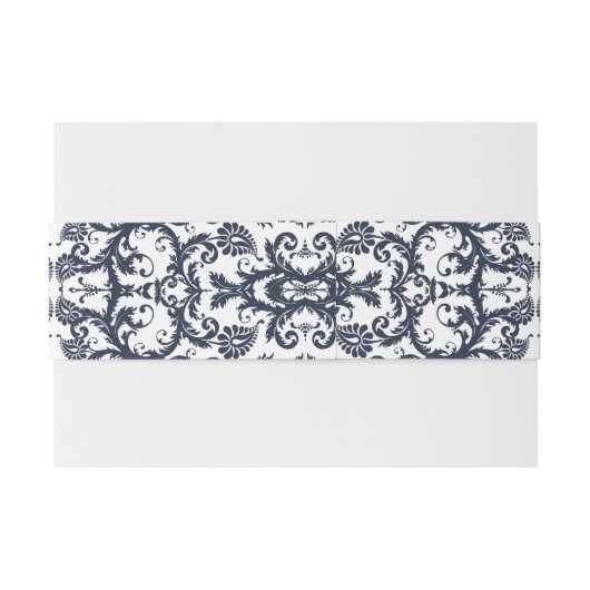 Monogram Marine Blauw Bloemen Damast Uitnodigingen Wikkel (Achterkant Voorbeeld)