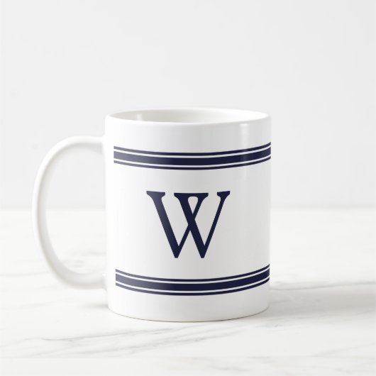 Monogram Marine Blauw Gestreepte Gepersonaliseerde Koffiemok (Links)