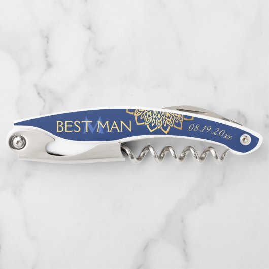 Monogram Marine Blauw Goud Beste Man Trouwen Kurkentrekker (Voorkant)