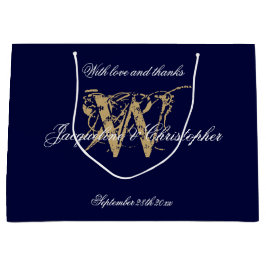 Monogram Marine Blauw & Goud Elegant Bruiloft Groot Cadeauzakje