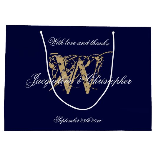 Monogram Marine Blauw & Goud Elegant Bruiloft Groot Cadeauzakje (Achterkant)