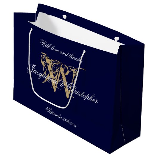 Monogram Marine Blauw & Goud Elegant Bruiloft Groot Cadeauzakje (Voorkant Gekanteld)
