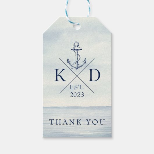 Monogram Marine Blauw Nautisch Anker Dank u Gift Cadeaulabel (Voorkant)