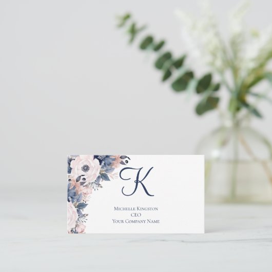 Monogram Marine Blauw Roze Bloemen Vrouwen Visitekaartje (Staand voorkant)
