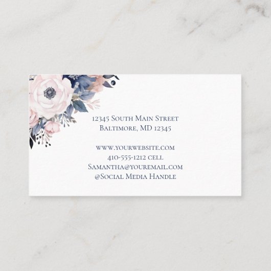 Monogram Marine Blauw Roze Bloemen Vrouwen Visitekaartje (Achterkant)