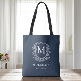 Monogram Marine Blauwe Crest Botanische Huwelijk Tote Bag