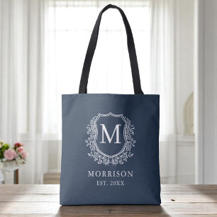 Monogram Marine Blauwe Crest Botanische Huwelijk Tote Bag