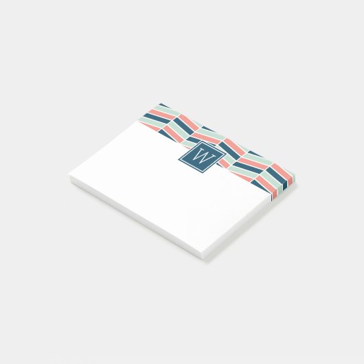 Monogram marine, Coral en Aqua Herringbone Post-it® Notes (Schuin)