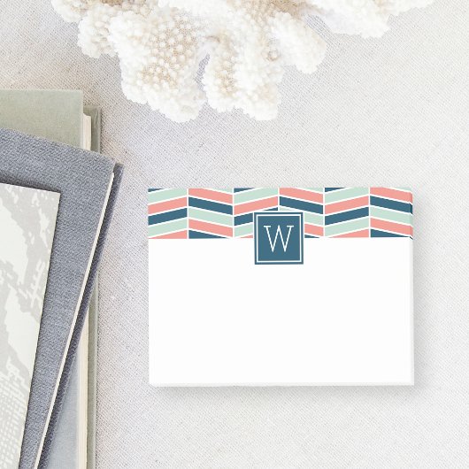 Monogram marine, Coral en Aqua Herringbone Post-it® Notes