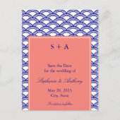 Monogram marine en koraal Seigaiha Pattern Wedding Aankondigingskaart (Voorkant)