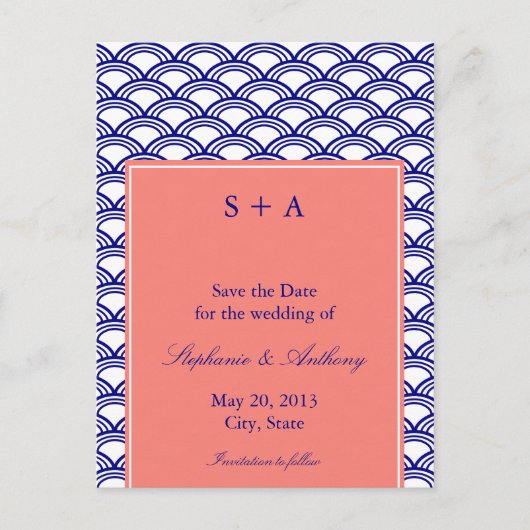 Monogram marine en koraal Seigaiha Pattern Wedding Aankondigingskaart (Voorkant)