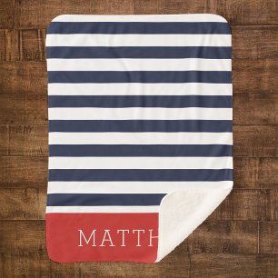 Monogram marine- en Rode Stripes bewerkbare kleu Sherpa Deken