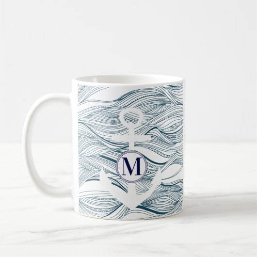 Monogram marine en witte anchor koffiemok (Links)