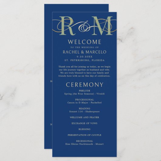 Monogram Marine Olive Sage Green Wedding Programma (Voorkant / Achterkant)