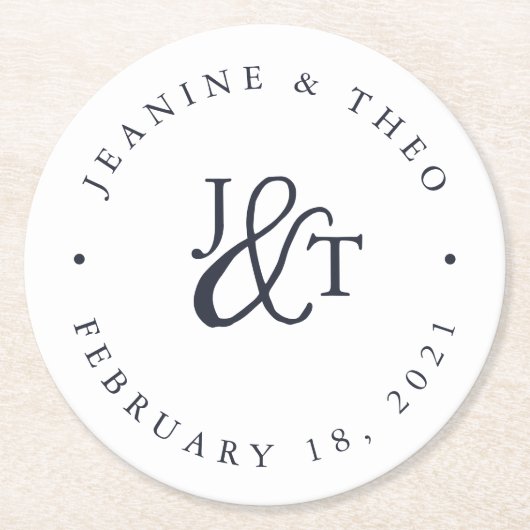 Monogram marine & White Wedding Ronde Kartonnen Onderzetter (Voorkant)