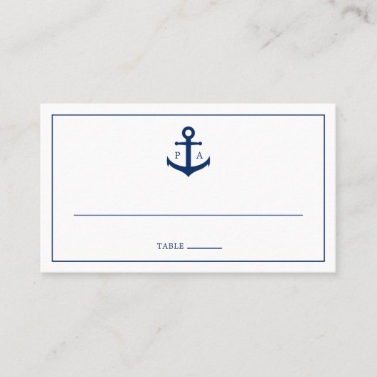 Monogram marineblauw Anchor Nautical Wedding Plaatskaartje (Voorkant)