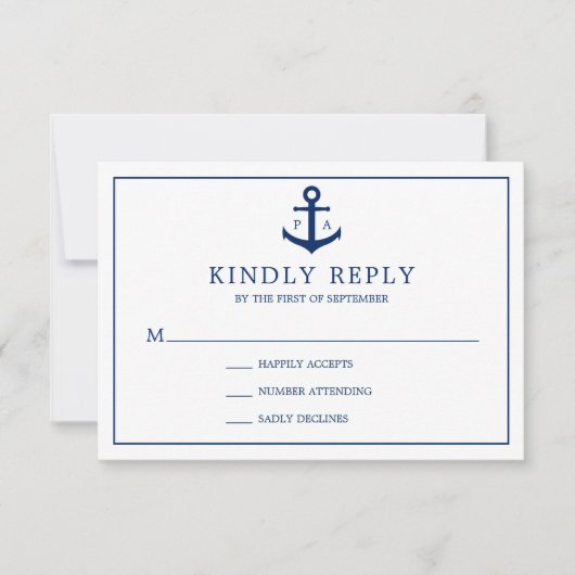 Monogram marineblauw Anchor Nautical Wedding RSVP Kaartje (Voorkant)