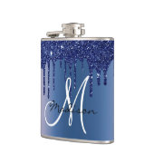 Monogram marineblauw druipend glitter druppels heupfles (Links)