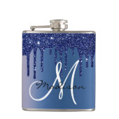 Monogram marineblauw druipend glitter druppels heupfles (Voorkant)