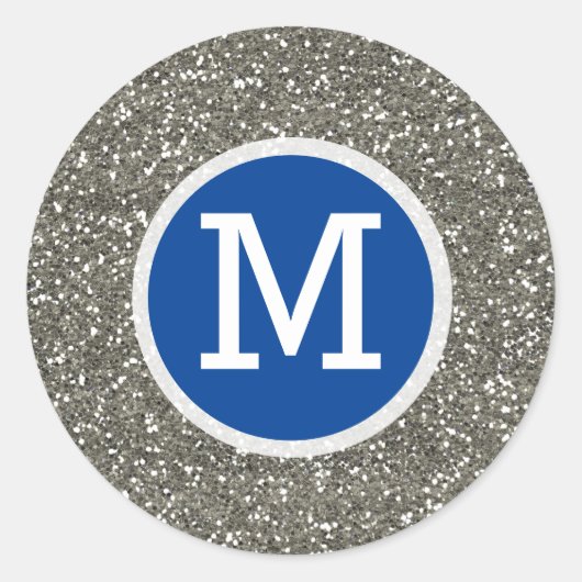 Monogram marineblauw en zilver bruinbruin ronde sticker (Voorkant)