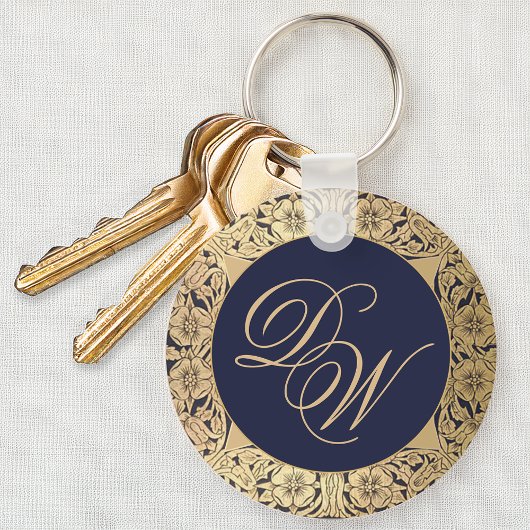 Monogram marineblauw goudRozen Calligrafie Sleutelhanger