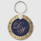 Monogram marineblauw goudRozen Calligrafie Sleutelhanger (Voorkant)