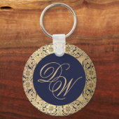 Monogram marineblauw goudRozen Calligrafie Sleutelhanger (Voorkant)