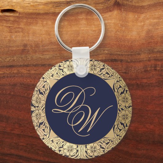 Monogram  marineblauw goudRozen Calligrafie Sleutelhanger (Voorkant)